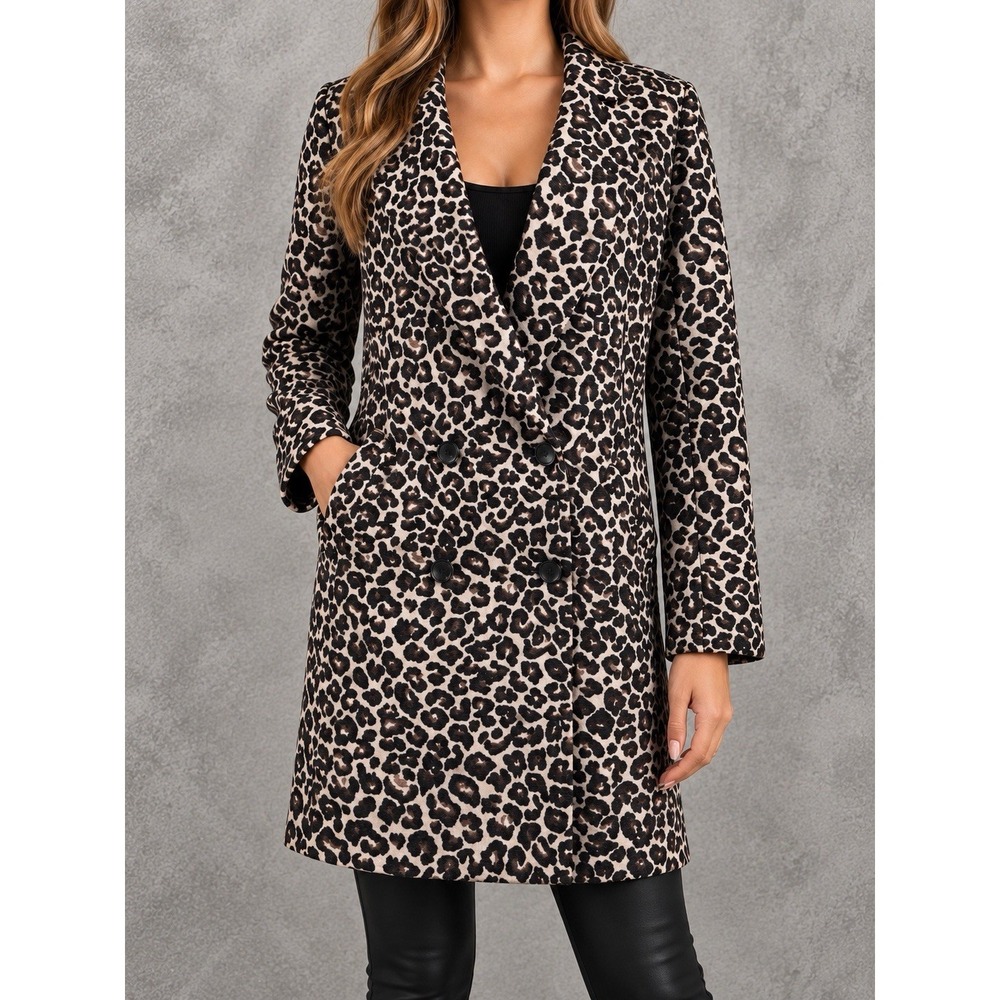 Anthropologie Double Breasted Coat Womens 12 Leopard Print Longline Statement